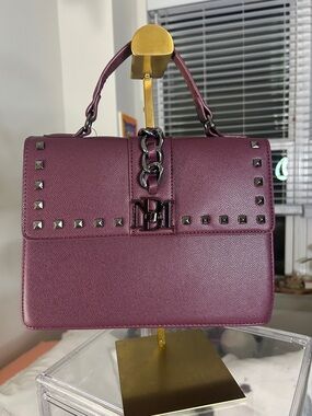 Badgley Mischka Plum Structured Top-Handle Satchel with Stud Detail 7.5”x 10”